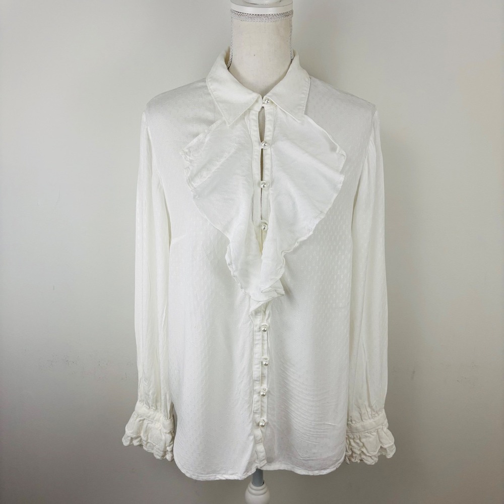 By Anthropologie White Ruffle Bib Front Button Down Pearl Long Sleeve Blouse L